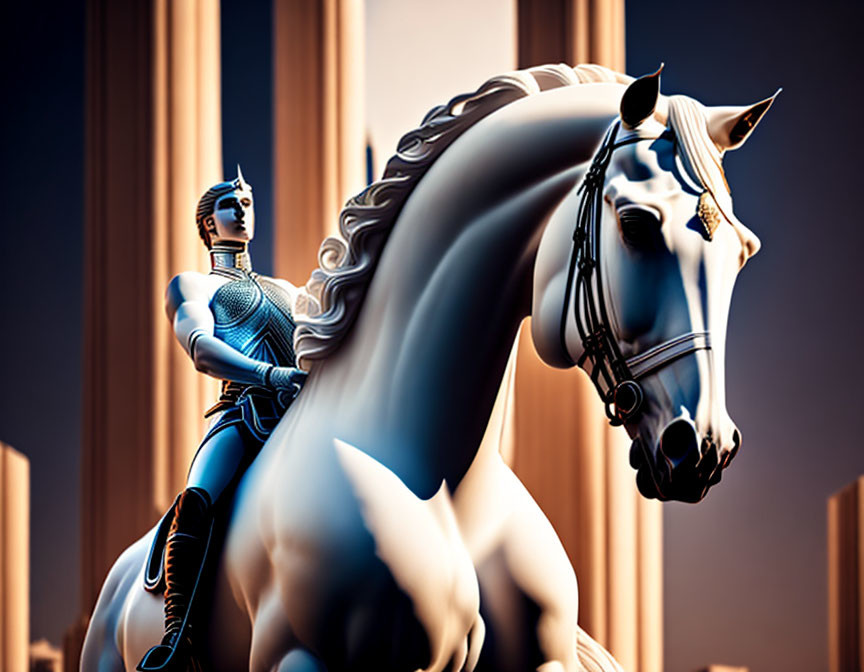 Warrior on Horse in Blue and White Tones with Columns