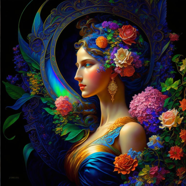 Colorful Artwork: Woman with Blue Hair and Floral Headdress, Moon Frame