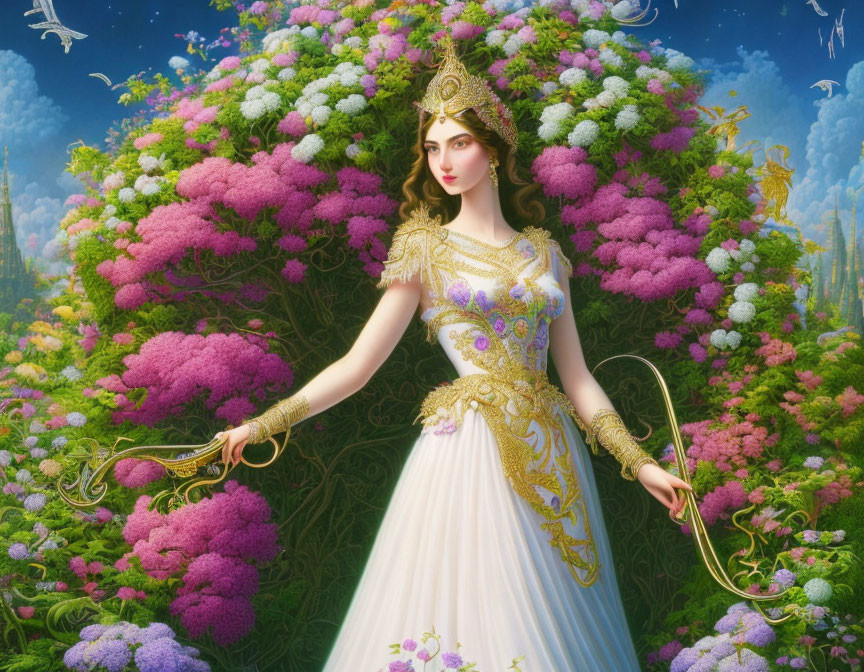 Regal figure in ornate dress among pink blooms in dreamy garden