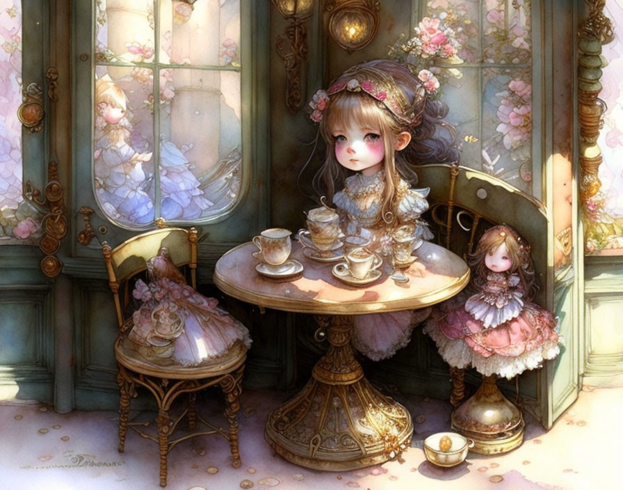 Illustration of young girl in ornate dress at tea party in pastel room