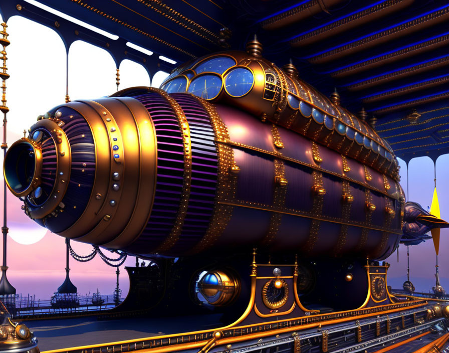 Steampunk-style submarine with brass detailing in ornate underwater station