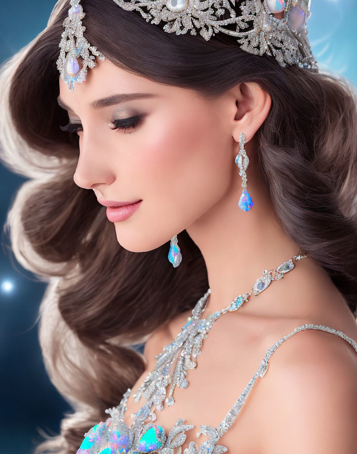 Elaborate jeweled headpiece and earrings on woman with soft makeup and ornate dress against blue