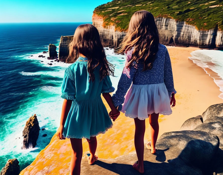 Two girls holding hands on cliff overlooking beach with sea stacks and blue ocean