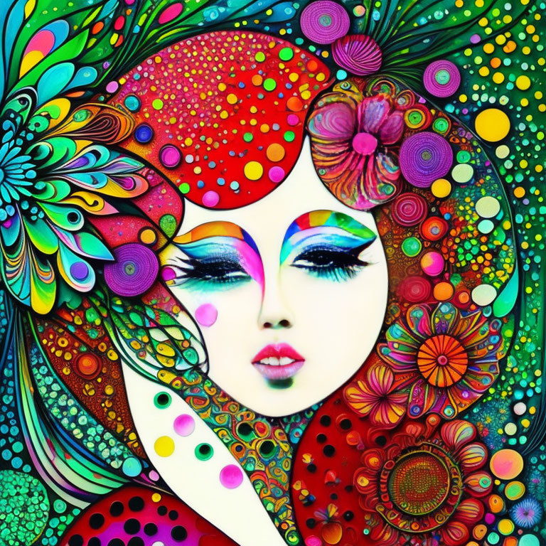 Vibrant abstract illustration of woman with colorful makeup and whimsical patterns