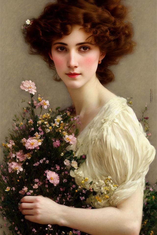 Portrait of woman with auburn hair, pink flowers, white dress