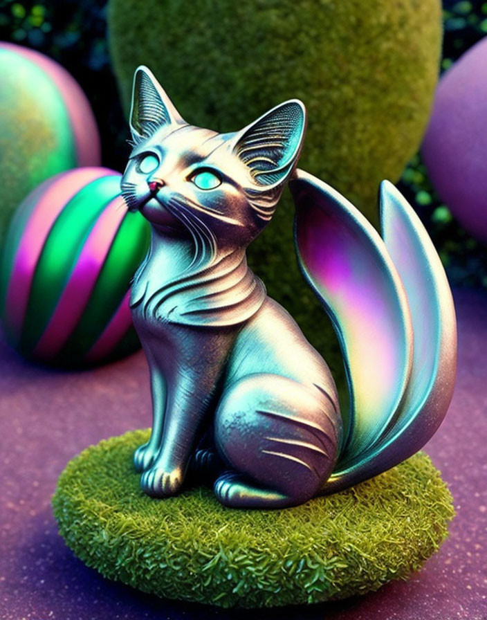 Metallic sheen whimsical cat figurine with rainbow wings and striped ball on mossy ground