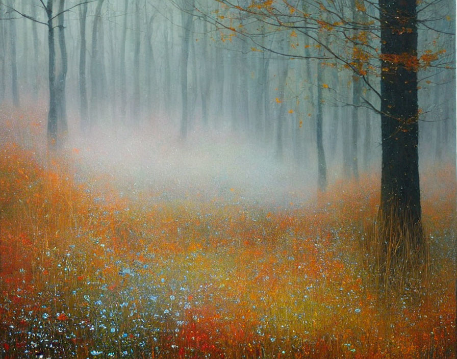 Misty forest with autumn colors and foggy atmosphere