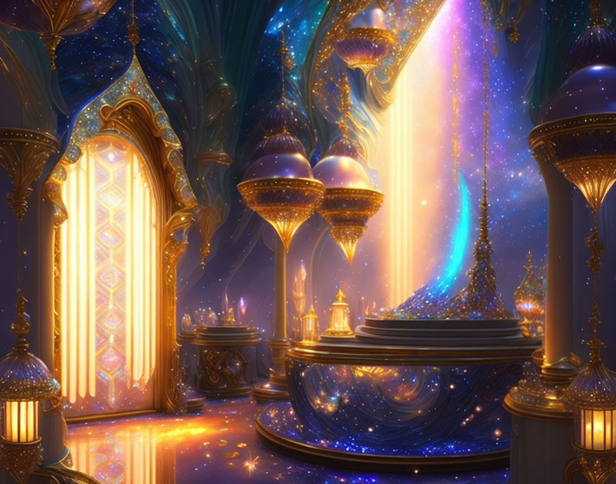 Opulent fantasy palace interior with glowing lanterns and golden arches