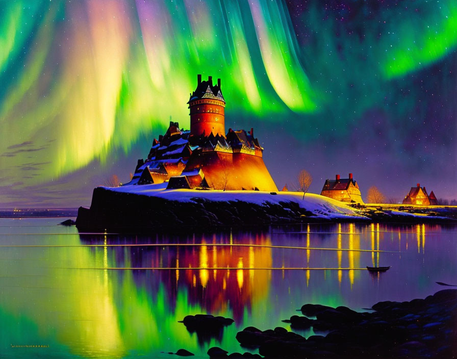 Northern Lights shine above snowy island castle and reflective water