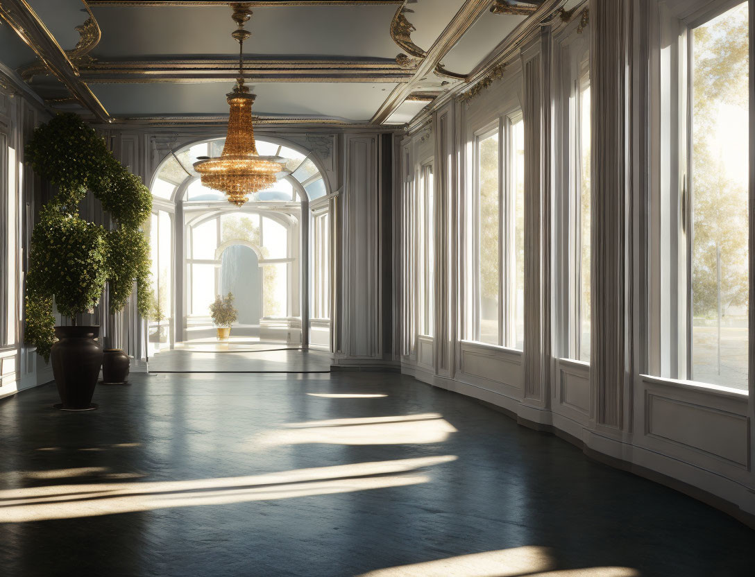 Luxurious hallway with high ceilings, chandeliers, large windows, and potted plants creating a