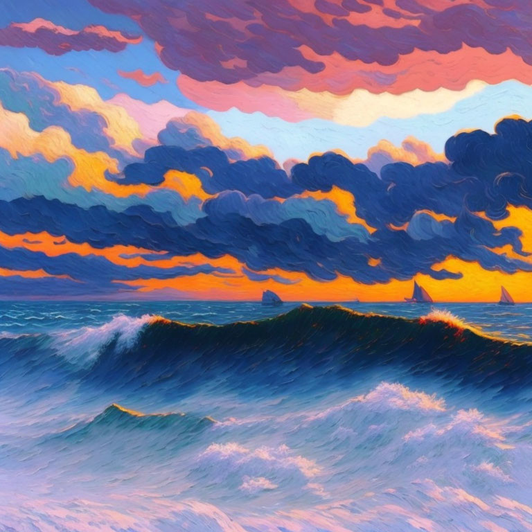 Colorful sunset painting featuring textured clouds and turbulent sea with sailboats