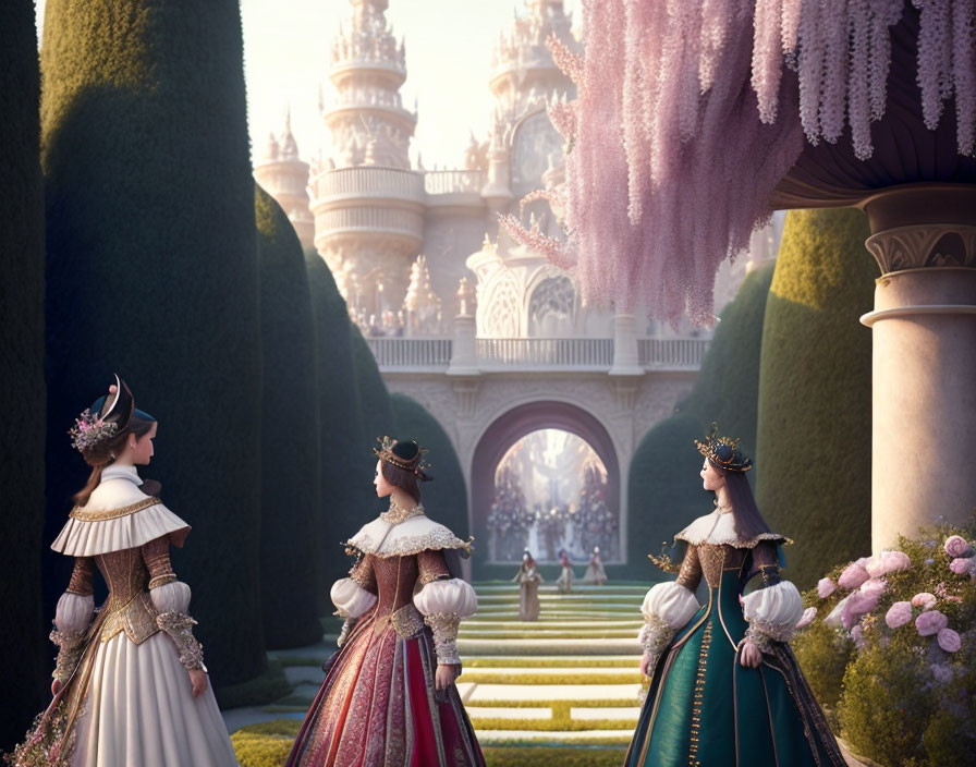 Three animated princesses in royal attire admire a grand palace garden with lush topiaries and blooming