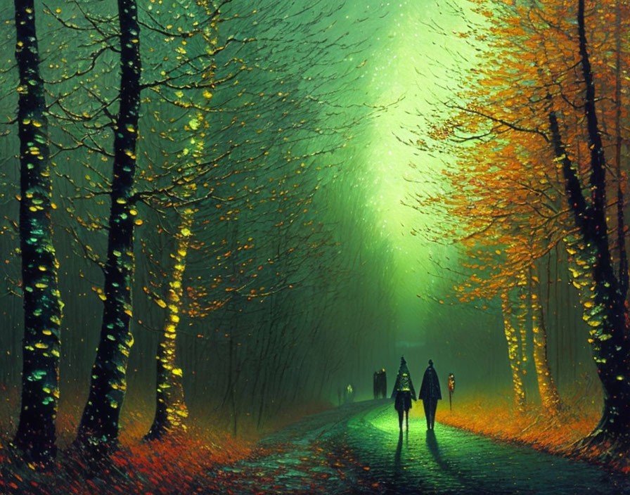 Mystical forest path with towering autumn trees under green-tinted sky