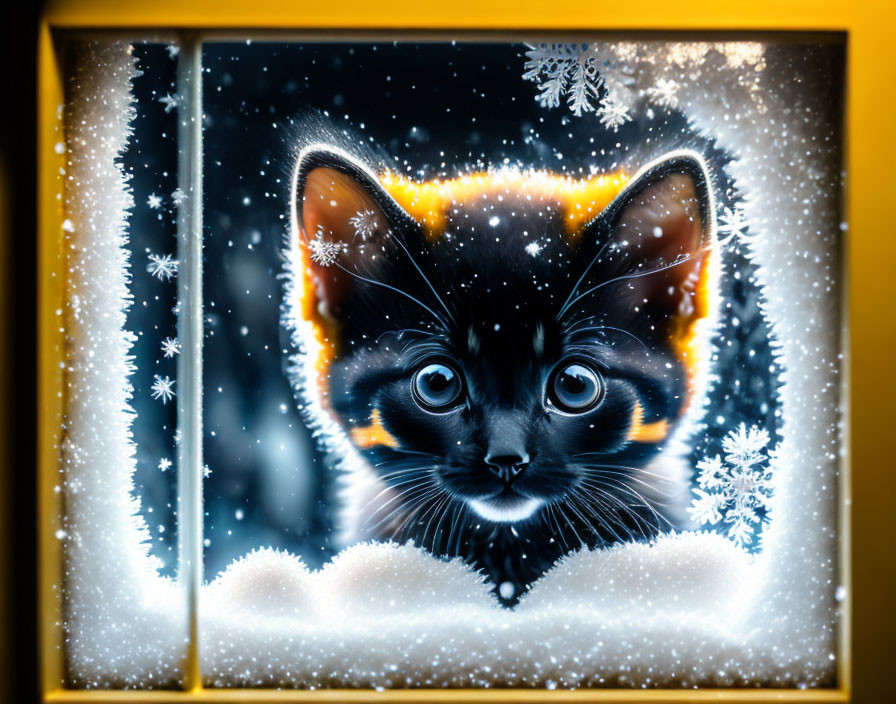 Black Kitten with Orange Markings by Snow-Covered Windowpane