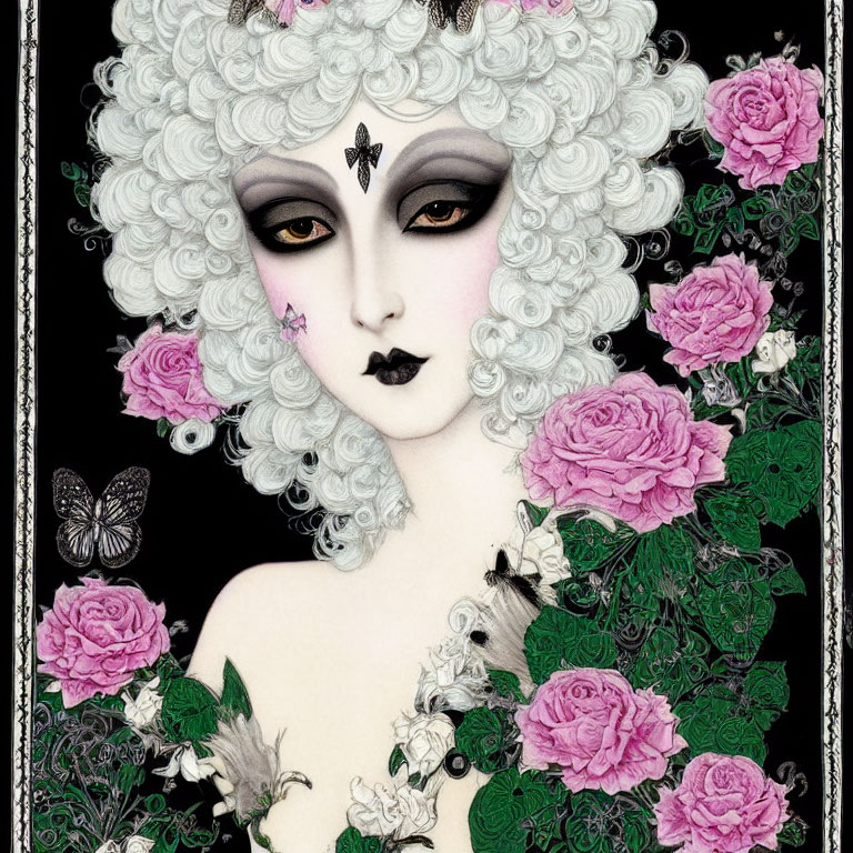 Illustrated portrait of ethereal woman with grey curls, pink roses, butterfly, dark eyes, go