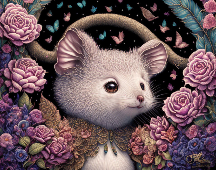 Detailed Anthropomorphic Mouse Illustration with Pink Flowers and Butterflies