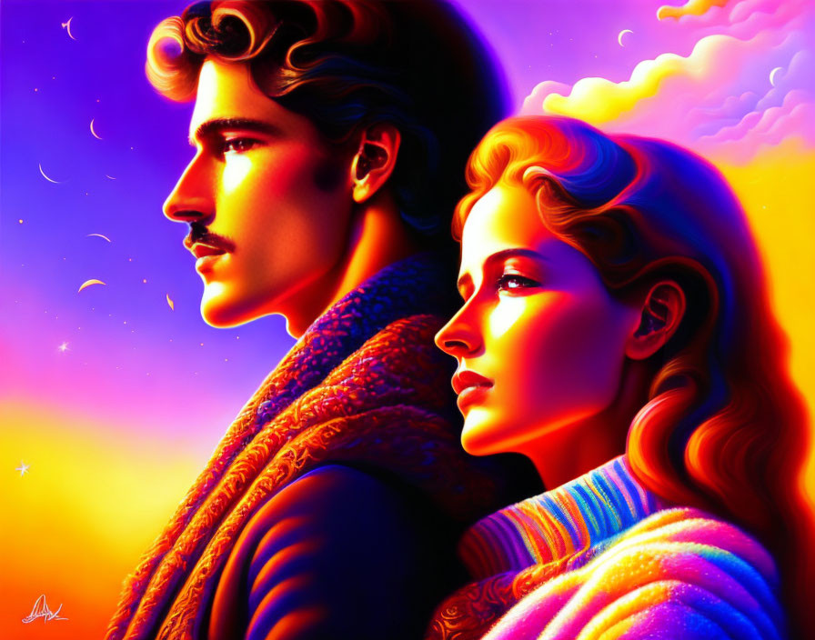 Colorful digital illustration of a man and woman in profile with cosmic background.