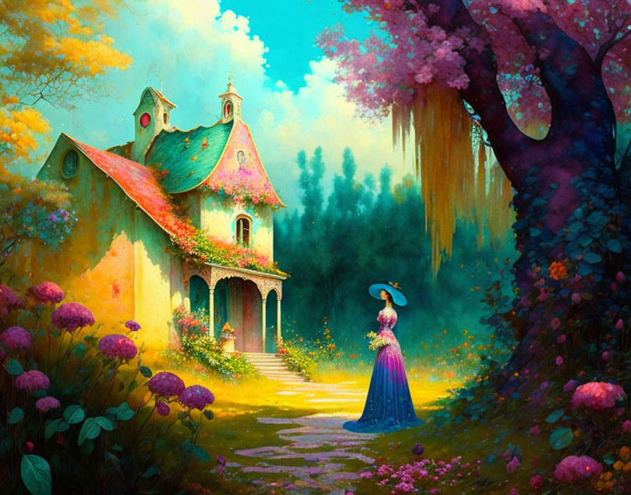 Colorful illustration: Woman in blue dress near cottage in whimsical forest.