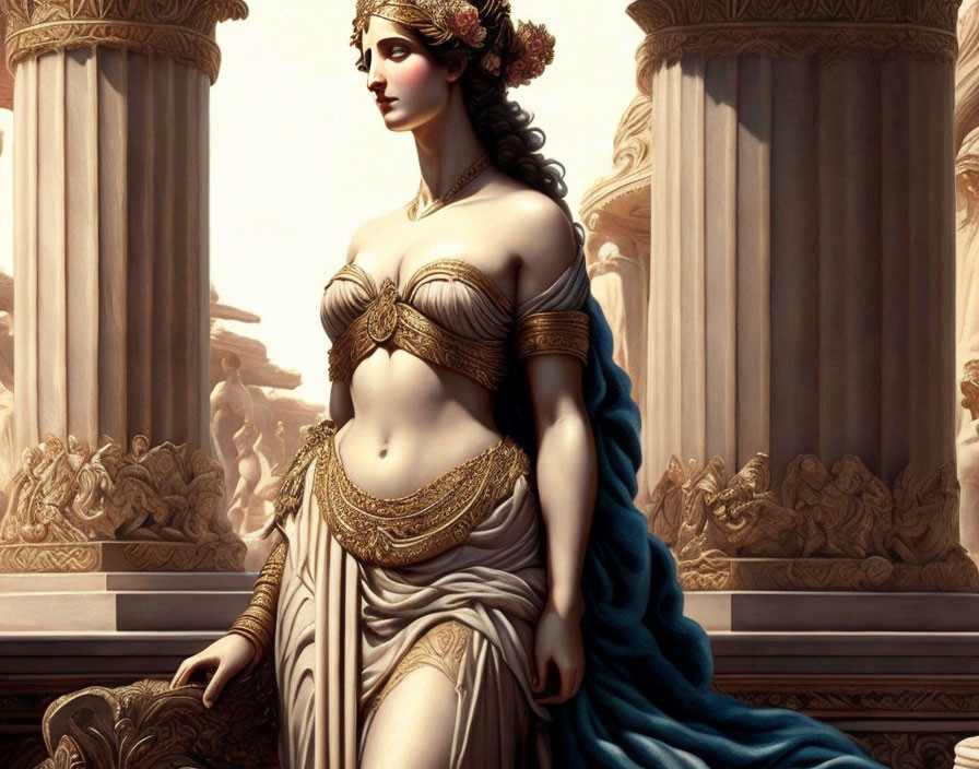 Classical female figure in flowing garments with gold accents and laurel crown next to stone throne