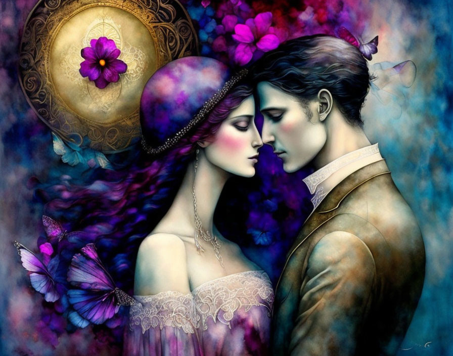 Colorful Romantic Couple Embracing with Flowers and Butterflies