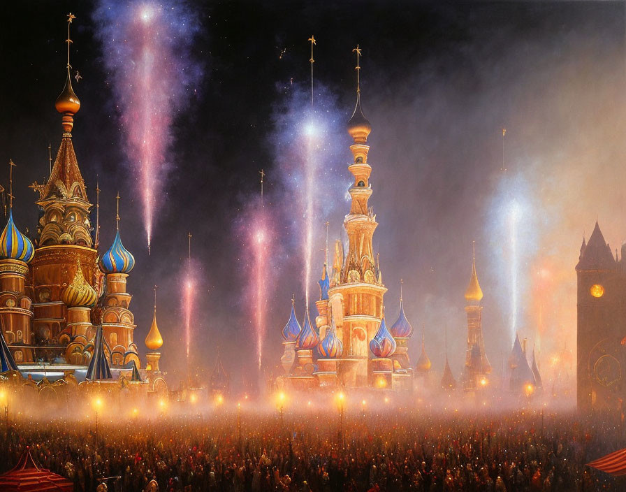 Nighttime crowd admires fireworks over castle and onion domes