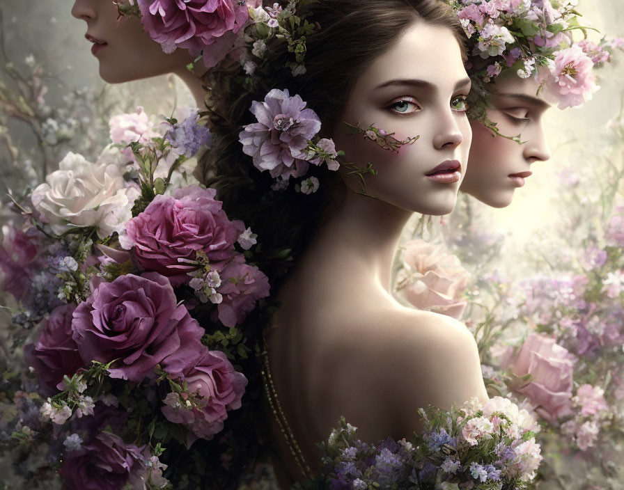 Digital artwork featuring three faces with lush purple and pink roses, set against a misty floral background.