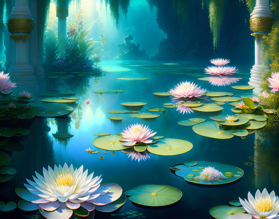 Vibrant water lilies in surreal water garden surrounded by lush foliage