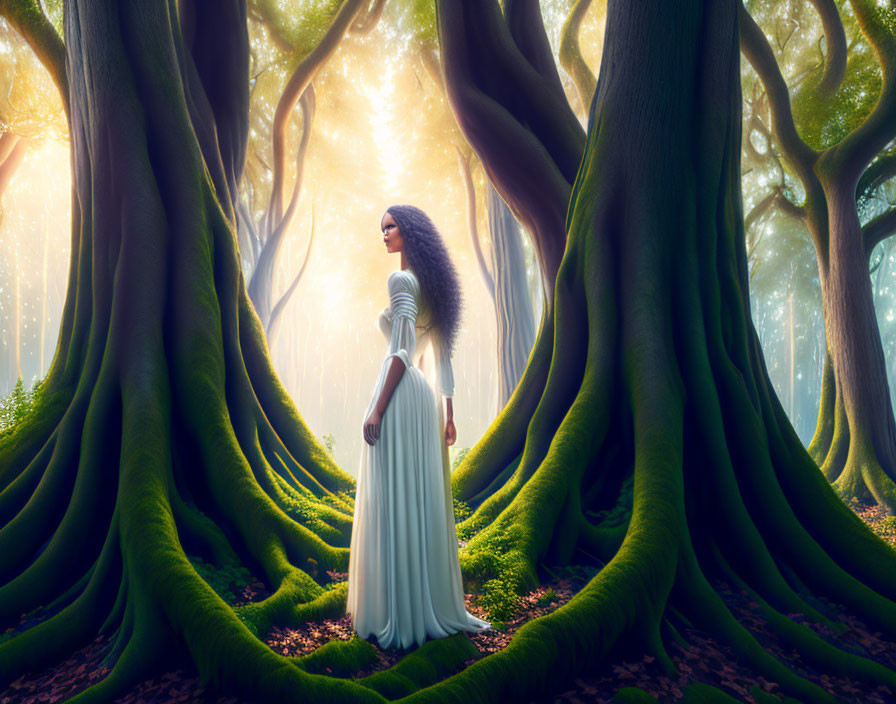 Woman in white dress surrounded by towering trees in mystical forest