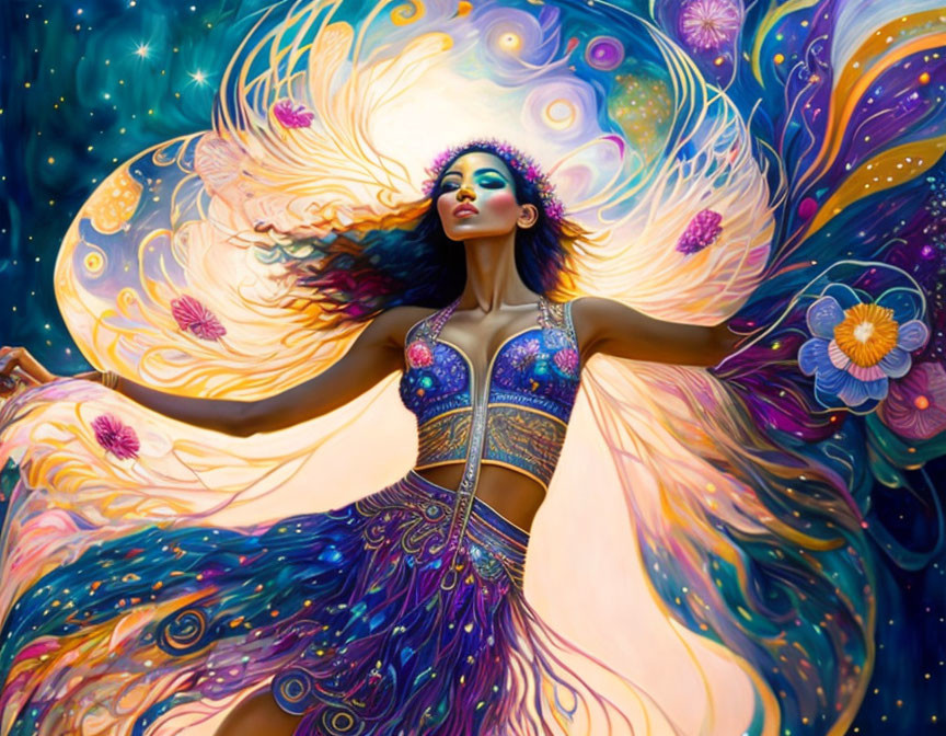 Colorful digital artwork: Woman with butterfly wings in cosmic floral scene