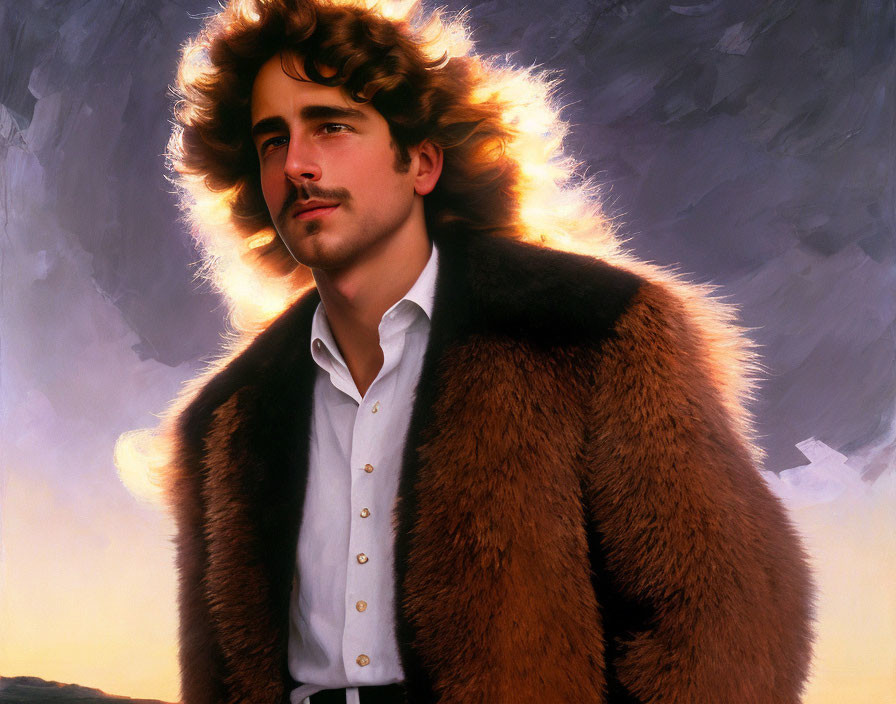 Portrait of man with wavy hair in fur coat and white shirt on gradient background