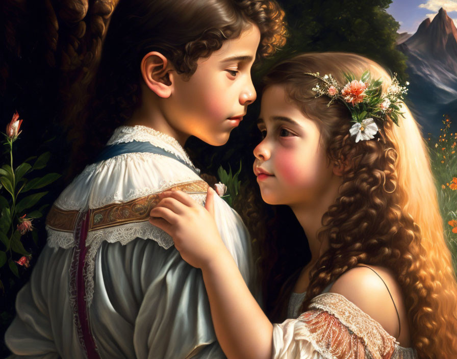 Curly-Haired Children Embracing in Nature Scene