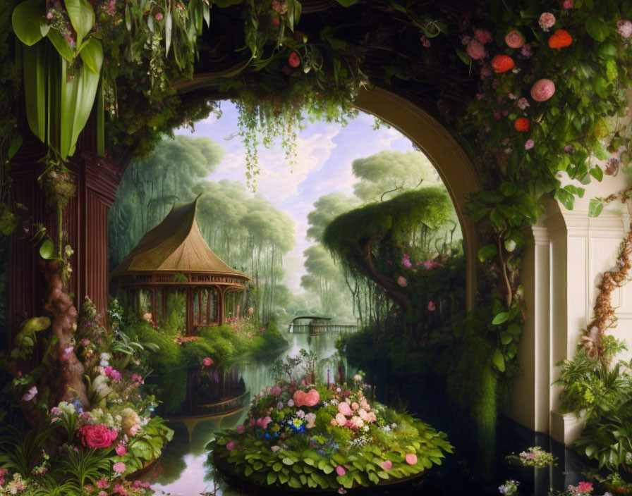 Enchanting garden scene with archway, pond, greenery, flowers & gazebo