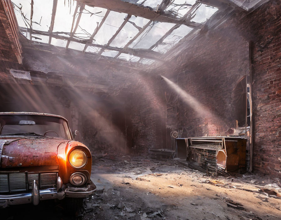 Rusty car in abandoned interior with debris and sunbeams