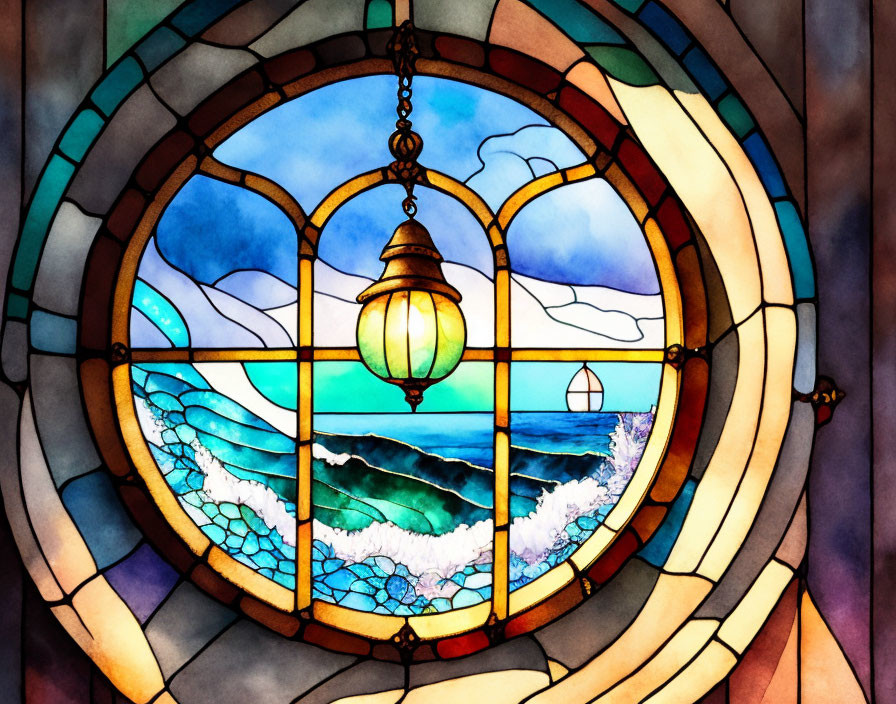 Vibrant stained glass seascape with lantern and sailboat