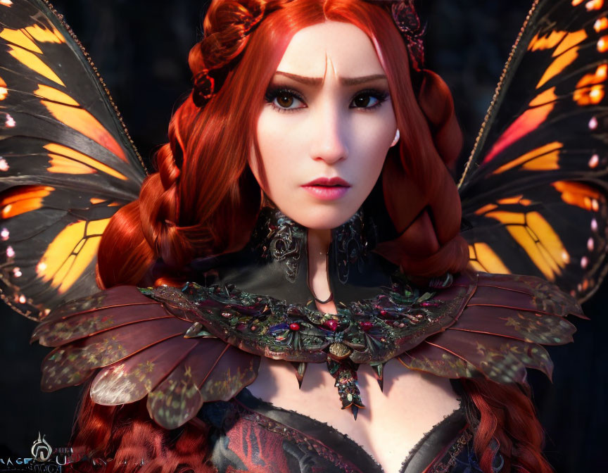 Fantasy digital artwork: Red-haired female character with butterfly wings