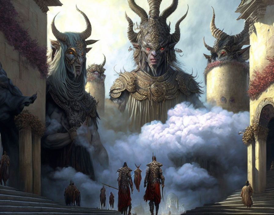 Fantastical artwork: Three horned beings, statues, warriors on misty stairs