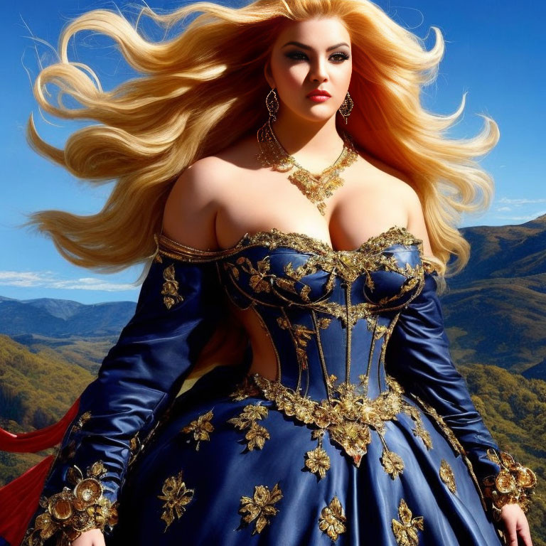 Blonde woman in blue and gold dress against mountain backdrop