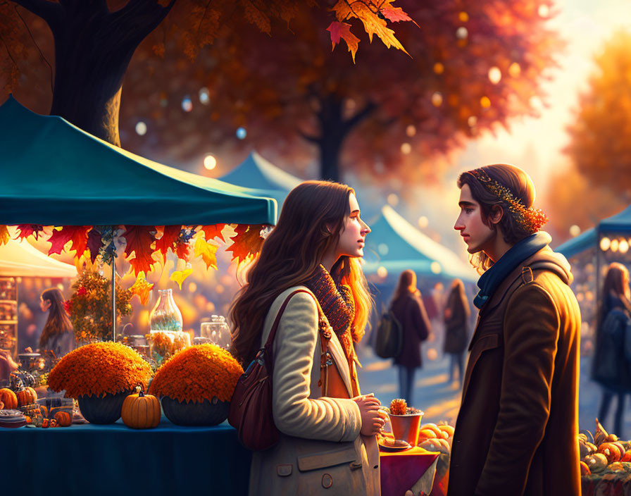 Two People Face Each Other at Autumn Market with Pumpkins