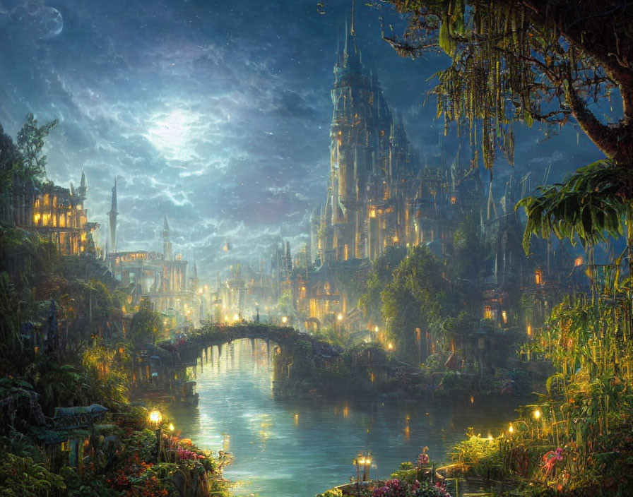 Moonlit fantasy cityscape with ornate bridge, lush vegetation, and ethereal lights.