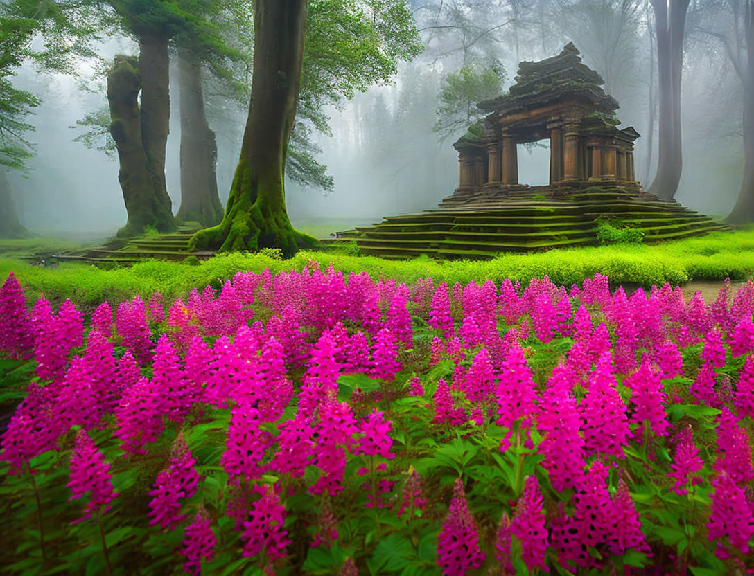 Pink Flowers and Moss-Covered Temple in Mystical Forest