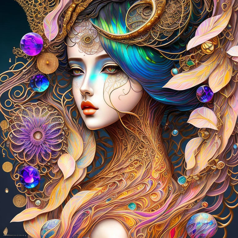 Fantastical female figure with blue hair and ornate jewelry on dark background