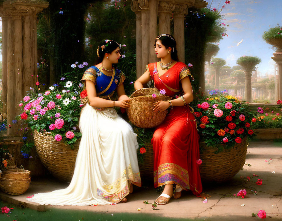 Traditional Indian Attire Women in Classical Garden with Flower Basket