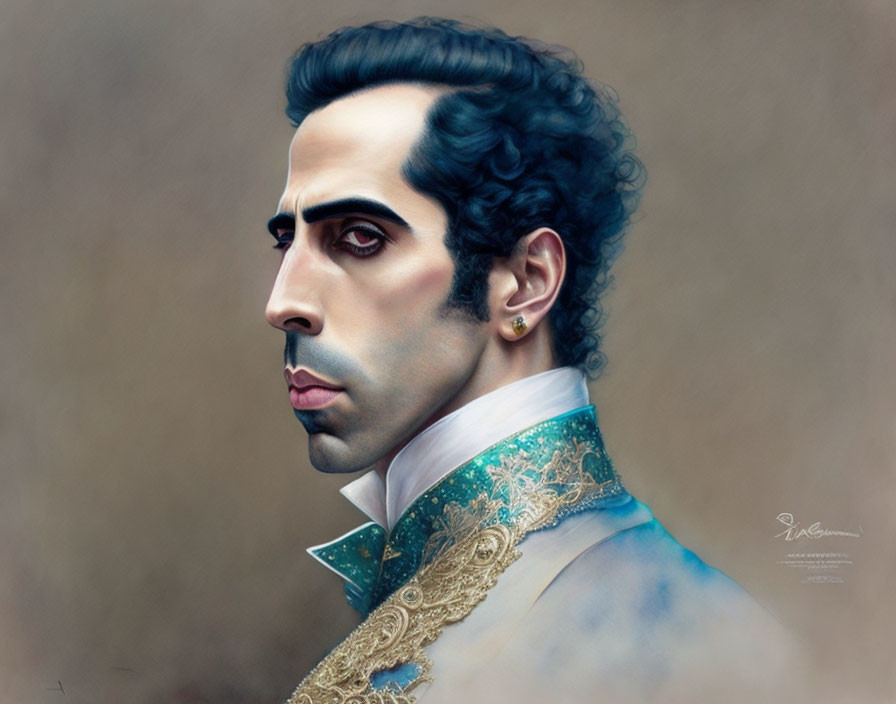 Stylized portrait of man with dark hair, earring, vintage collar