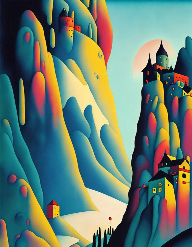 Surreal landscape with undulating hills, castles, and houses under a large sun