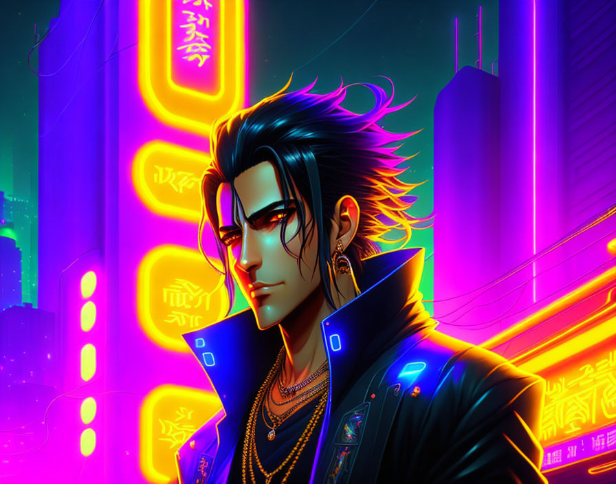 Fashionable man in blue jacket and earrings against neon cityscape, emitting cyberpunk aesthetic.