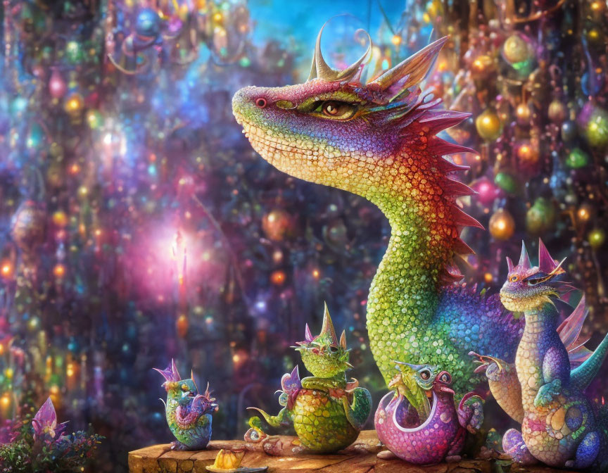 Vibrant family of dragons in magical scene with shimmering scales