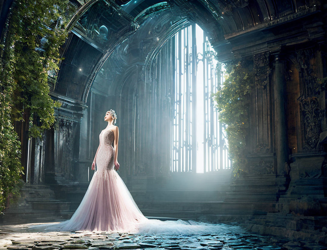 Woman in flowing gown in sunlit, overgrown cathedral