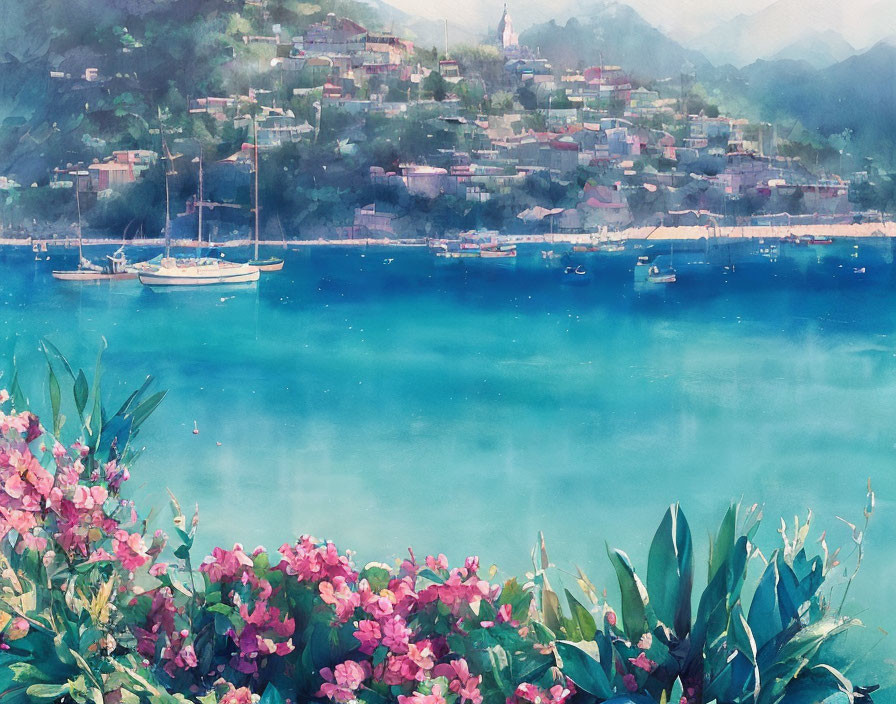 Coastal village watercolor painting with boats, floral foreground, and hillside houses