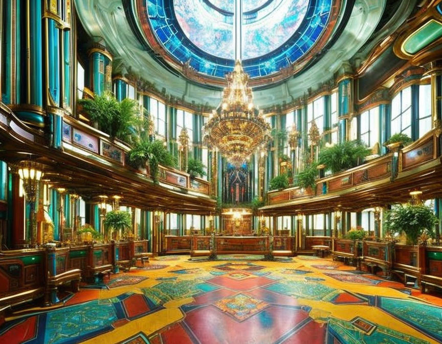 Luxurious Room with Stained Glass Dome & Elaborate Chandelier