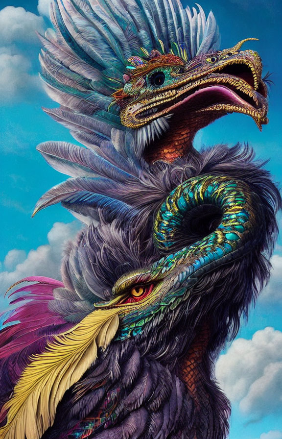 Vibrant mythical creature illustration with serpent-like neck and dragon head